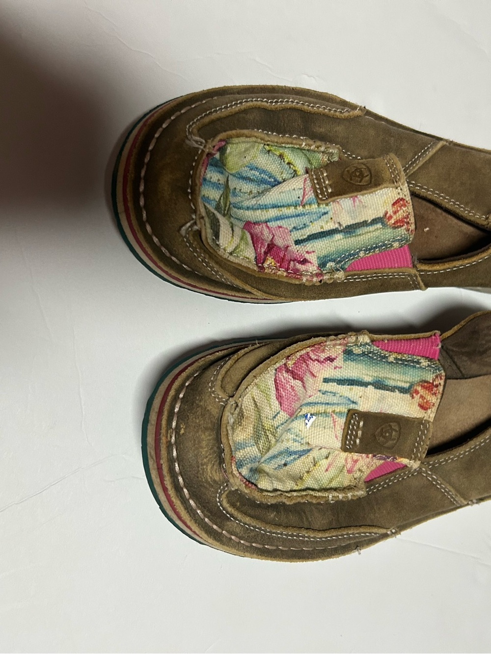 Ariat Brown Suede Slip-On Moccasins with Floral Canvas Accent